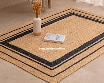 Handmade Hemp & Jute Rug Black And Beige  Pattern, Natural Fiber, Farmhouse Vintage Braided  Area Rug