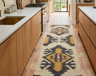 Handwoven Wool Jute Kilim Runner, Boho Hallway Rug, Warm Indian Design Custom Size Wool Jute