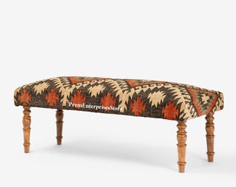 Kilim Ottoman, Sitting Bench, Handmade Furniture, Piano Bench, Hallway Bench, Ottoman Bench, Bedroom Bench Multicolor Wool Jute Kilim Bench