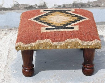 Handmade Kilim Ottoman Footstool - Upholstered Wooden Pouf from India, Boho Tribal Accent Bench, Durable Tribal Seat Cushion