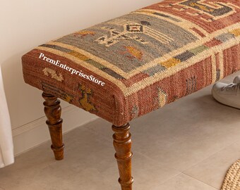 Multicolor Wool Jute, Kilim Ottoman, Sitting Bench, Handmade Furniture, Piano Bench, Hallway Bench, Ottoman Bench, Bedroom Bench,