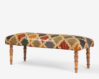 Multicolor Wool Jute Kilim Bench, Kilim Ottoman, Sitting Bench, Handmade Furniture, Piano Bench, Hallway Bench, Ottoman Bench, Bedroom Bench
