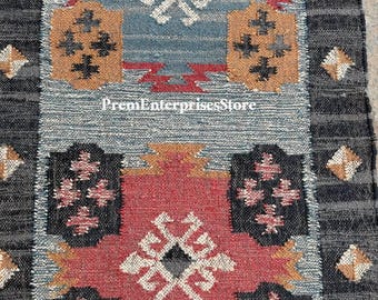 Handwoven Wool Jute Kilim Runner Rug, Modern Geometric Design Dhurrie Rug, Vintage Southwestern Runner-Rug Custom Size Runner Rug