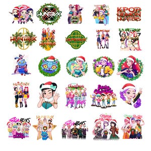 Può includere: Una collezione di adesivi natalizi colorati con gruppi K-pop e personaggi dei cartoni animati. I disegni includono ghirlande festive, cappelli di Babbo Natale e la scritta "Merry Christmas."