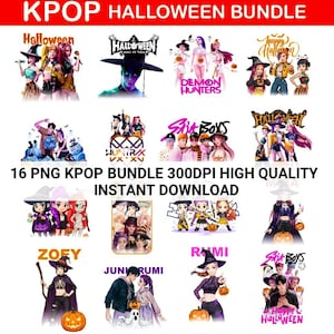 Może przedstawiać: Pakiet do pobrania cyfrowego zawierający 16 obrazów PNG o tematyce Halloween i K-Pop. Obrazy zawierają różne postacie, tekst i ilustracje dyni. Tekst zawiera "Halloween", "Demon Hunters" i "Six Boys".