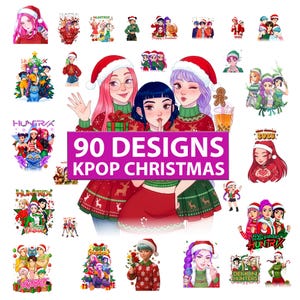 May include: A collection of K-Pop Christmas designs featuring illustrations of anime-style characters wearing Santa hats and festive sweaters. The image includes the text "90 DESIGNS KPOP CHRISTMAS".