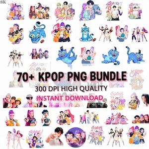 May include: A collection of K-pop PNG graphics featuring various groups and characters. The image includes illustrations of people, a blue tiger, and text that reads "70+ KPOP PNG BUNDLE", "300 DPI HIGH QUALITY", and "INSTANT DOWNLOAD".