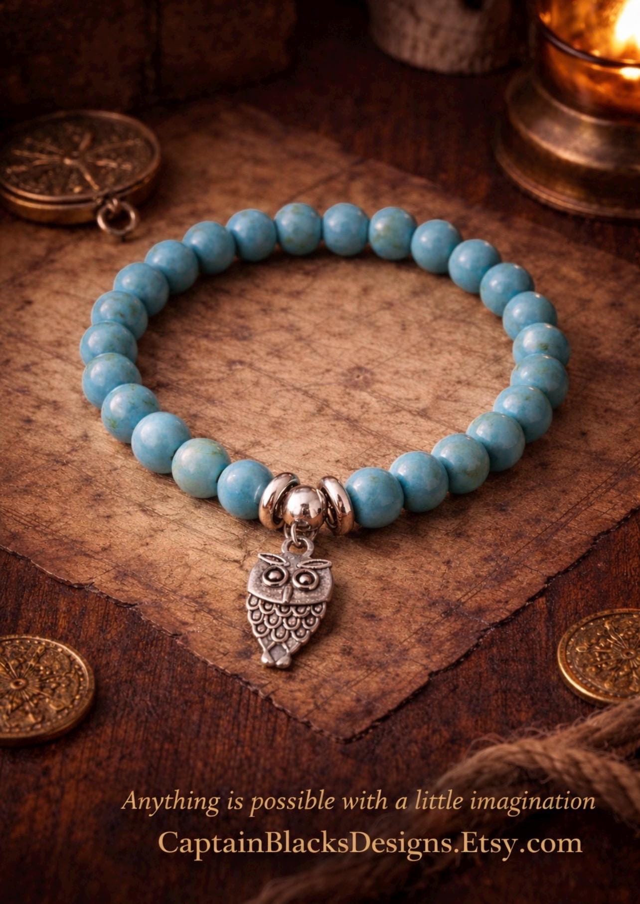 Turquoise Owl Pendant Bracelet, Western Wildlife Jewelry