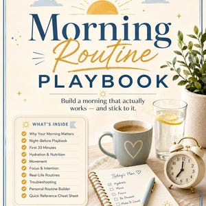 Peut inclure: Un guide numérique intitulé "Morning Routine Playbook" avec une tasse de café, un bloc-notes et un réveil. Le bloc-notes contient une liste de contrôle "Today's Plan". Le guide promet d'aider à construire une routine matinale efficace.