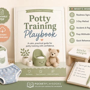 May include: A Potty Training Playbook with a calm, practical guide for potty training with confidence. The cover features the title, a potty chair, a teddy bear, and a small plant. Additional items include a small potty, training pants, and a notepad.