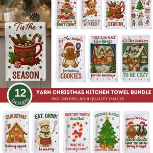May include: A collection of 12 Christmas kitchen towels. Each white towel displays festive designs such as a hot chocolate mug, gingerbread man, Christmas tree, and holiday phrases. The towels are made of yarn and are high-quality images.