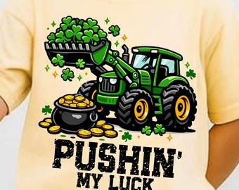 Construcción "Empujando mi suerte" (Día de San Patricio) PNG, Clipart de niño de San Patricio, Trébol de la suerte (PNG), Niño pequeño retro (PNG) (Descarga digital)