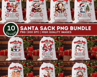Puede incluir: Un conjunto de diez sacos de Papá Noel blancos con varios diseños navideños. Cada saco presenta un cierre de cordón y el texto "North Pole Express". Los diseños incluyen un muñeco de nieve, un pingüino, un reno y Papá Noel. También está presente el texto "Santa Sack PNG Bundle".