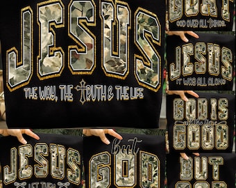 Pakiet obrazów w formacie PNG "But God Grey Camo", pakiet cytatów o wierze Jezusa, pakiet wersetów biblijnych w formacie PNG, pakiet obrazów w formacie PNG "Christian" (projekt sublimacyjny)