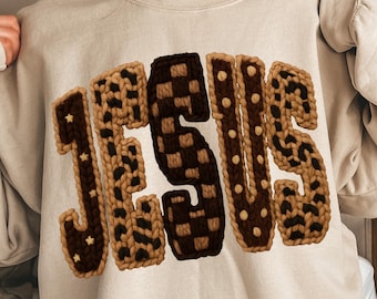 Klinknaaldgaren Jezus gehaakt vintage png, luipaardprint Jezus shirtontwerp, retro christelijke sublimatie png, bijbelvers png, religieus png