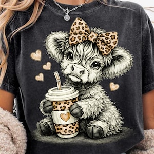 Western Halftone Highland Cow Png, Leopard Bow with Coffee Western Cow Shirt Sublimation Design, Retro Highland Cow Png (digital download)