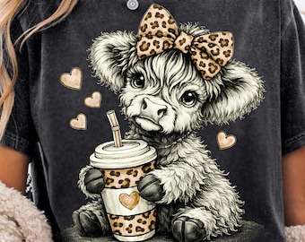 Western Halftone Highland Cow Png, Koszulka z kokardą w panterkę i kawowym wzorem Western Cow, Retro Highland Cow Png (pobieranie cyfrowe)