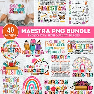 Puede incluir: Un conjunto de 40 diseños PNG con temática de profesor, con la palabra "Maestra" en varias fuentes coloridas y gráficos escolares. Los diseños incluyen lápices, manzanas y arcoíris. Adecuado para crear camisetas y otros artículos.