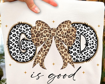 God Is Good Leopard Print Bow PNG, Preppy Boho Christian Shirt Design, Bible Verse Png, Christian Png, Religious Shirt Design