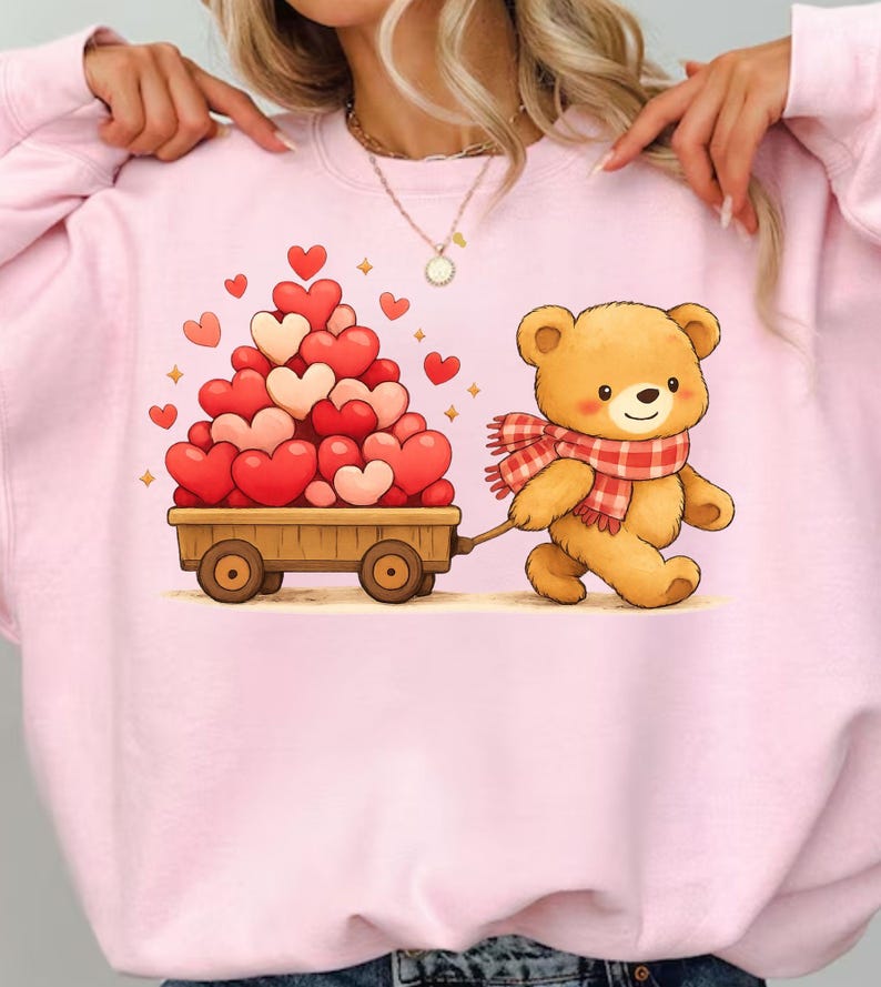 May include: Pink sweatshirt with a cartoon bear pulling a cart of hearts. The bear wears a red and white checked scarf. The cart is filled with red and pink heart-shaped balloons. A cute design for Valentine's Day.