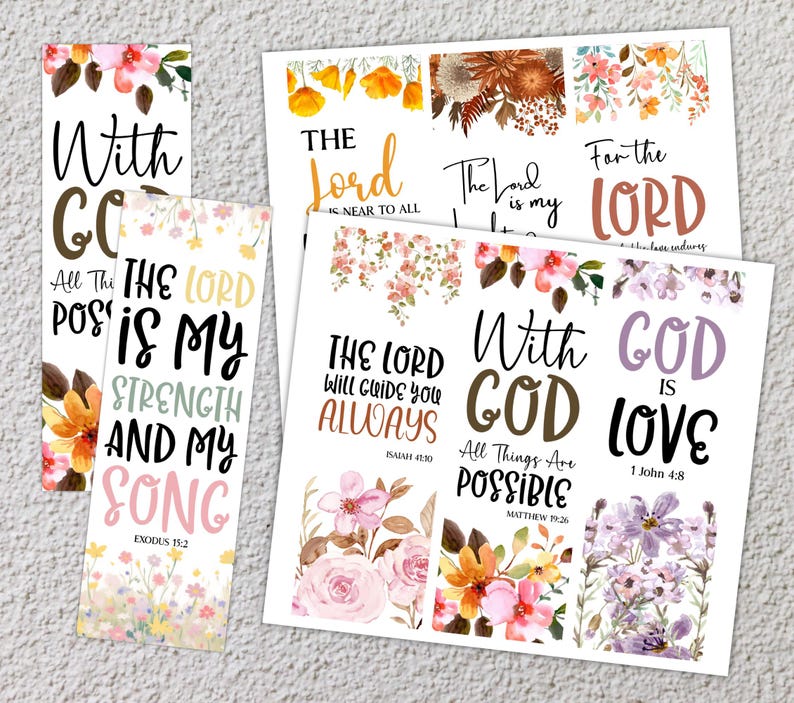 May include: A collection of floral-themed bookmarks and decorative cards. The bookmarks and cards feature inspirational quotes and Bible verses in various fonts and colors, with floral accents in shades of pink, orange, and purple.