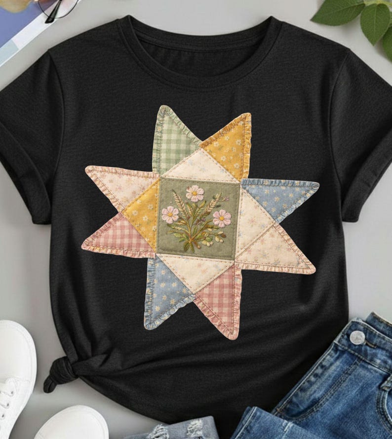 May include: Black t-shirt featuring a colorful star-shaped design. The star is composed of patchwork squares in various pastel colors, with a central square showcasing a floral bouquet. The shirt is made of a soft material.