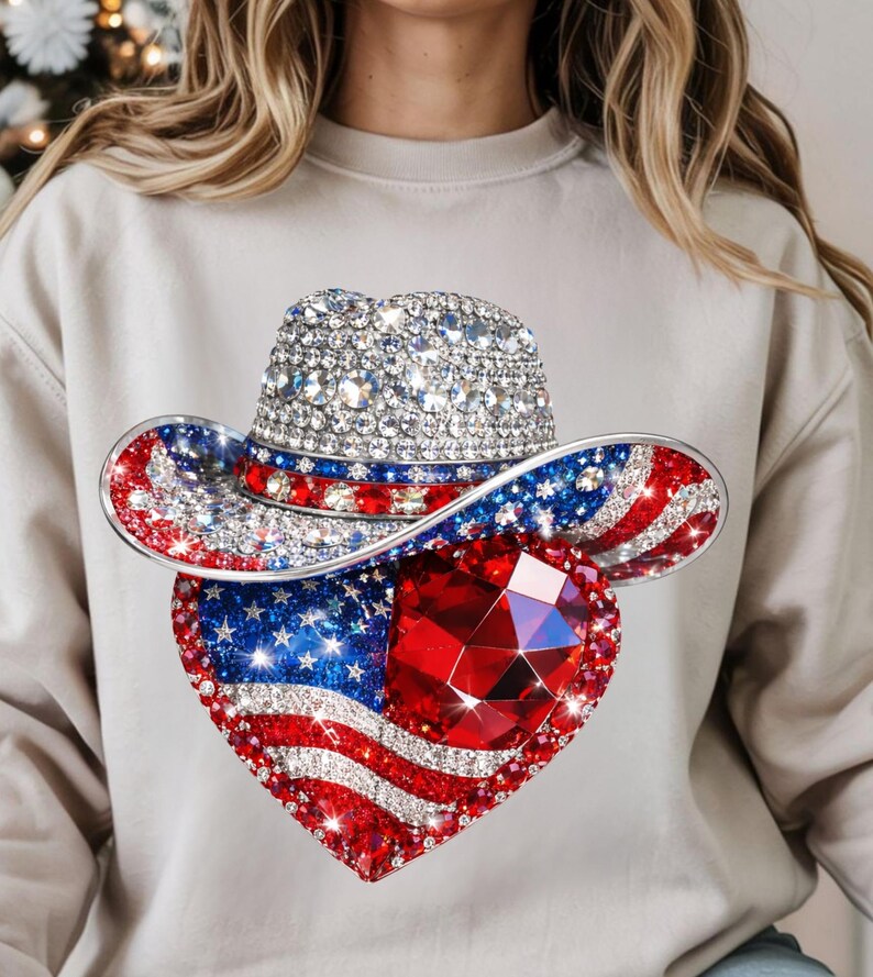 May include: A beige sweatshirt featuring a sparkling cowboy hat and a heart-shaped design. The hat is embellished with clear rhinestones and the brim is decorated with red, white, and blue accents. The heart showcases the American flag and a large red gem.