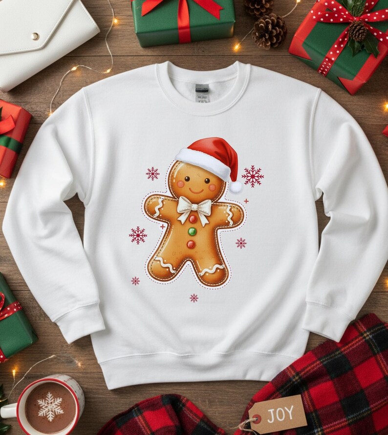 May include: White sweatshirt featuring a gingerbread man wearing a Santa hat and bow tie. The gingerbread man has a smiling face and is surrounded by snowflakes. The sweatshirt is a festive holiday design.