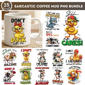 Könnte beinhalten: Weiße Keramik-Kaffeetasse mit einer gelben Ente mit Brille und Fliege, mit dem Text "DON'T DUCK with me". Das Bild zeigt auch 15 Designs mit sarkastischen Zitaten und Tierillustrationen, ideal als Geschenk.