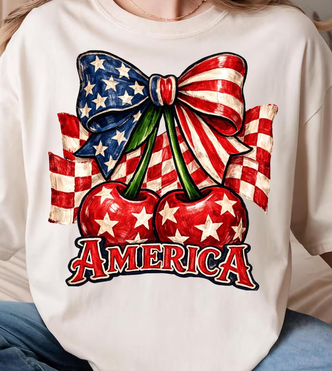 Retro Cherry America Coquette PNG, 4th of July Cherry With Bow Png ...