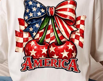 PNG de cereza retro americana coqueta, PNG de cereza del 4 de julio con lazo, PNG de cuadros americanos, PNG de EE. UU. femenino (descarga digital)