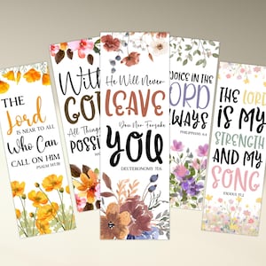 May include: Set of five rectangular bookmarks with floral designs and inspirational quotes. Each bookmark features a different color scheme and flower arrangement, with text such as "The Lord is near to all" and "He will never leave you."