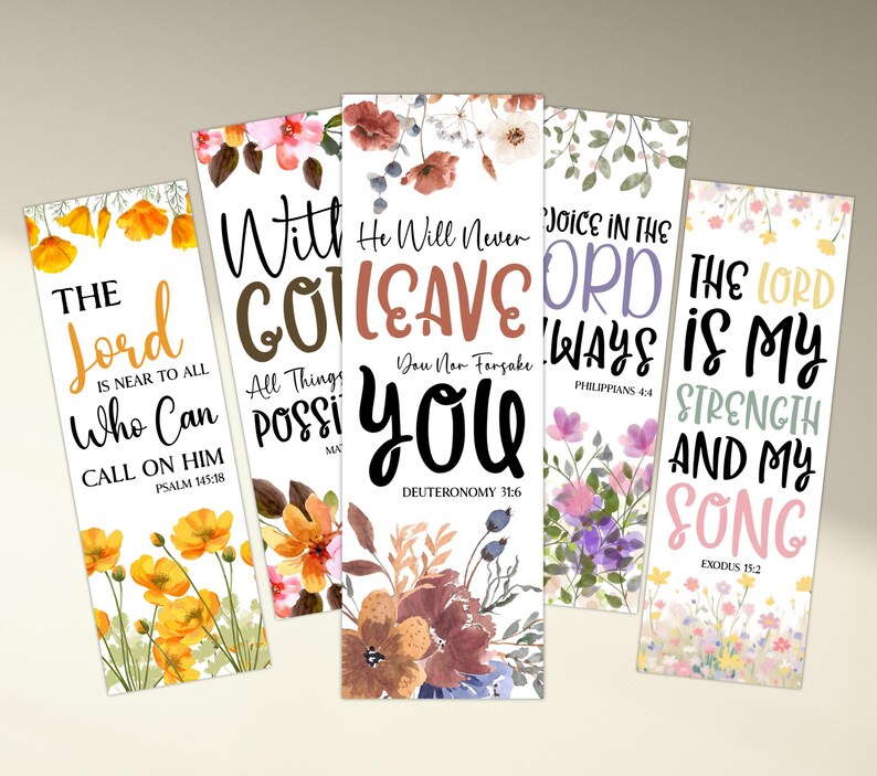 May include: Set of five rectangular bookmarks with floral designs and inspirational quotes. Each bookmark features a different color scheme and flower arrangement, with text such as "The Lord is near to all" and "He will never leave you."