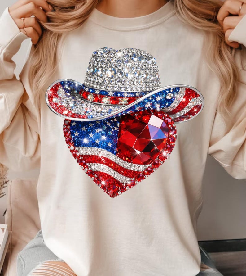 May include: A cream-colored long-sleeve shirt featuring a rhinestone-studded cowboy hat and a heart-shaped design with a red, white, and blue American flag motif. The hat and heart are embellished with sparkling rhinestones.