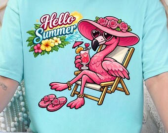 Flamenco rosa con gafas de sol PNG, imágenes prediseñadas de flamencos en la playa, vibrante ambiente playero de vacaciones PNG (descarga digital)