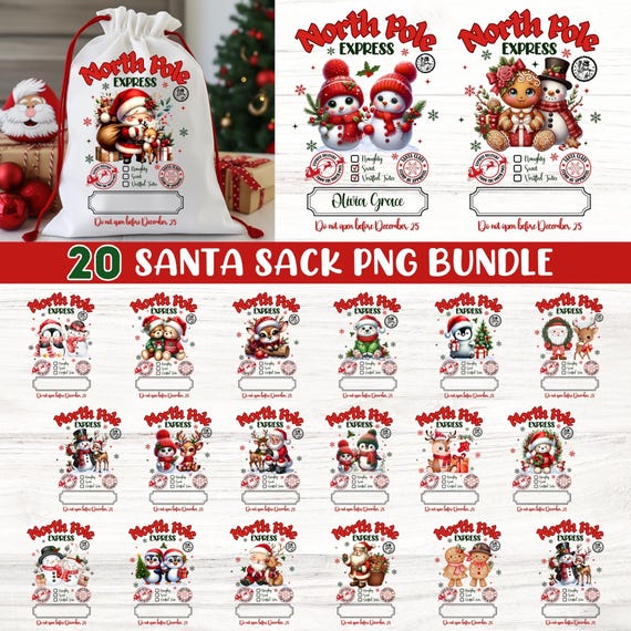 Christmas Santa Sack PNG Bundle, Special Delivery Christmas Png, Santa Claus Mail Bag Tags Png, Xmas Tote Bag Png, Christmas Bag, Santa Bag