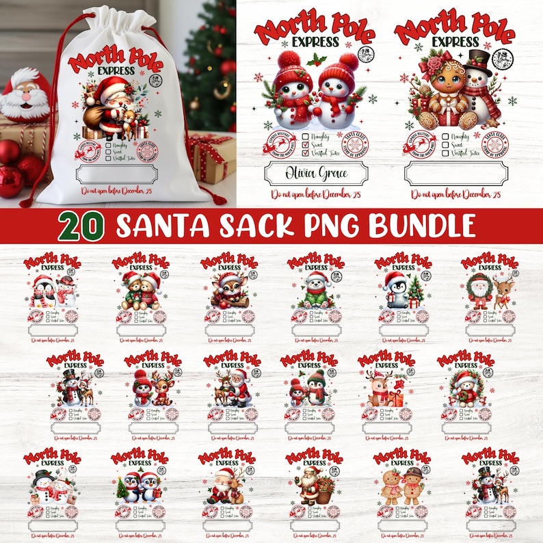 May include: A white Santa sack with a red drawstring, featuring a "North Pole Express" design and a Santa Claus illustration. The image also includes 20 PNG bundles with various Christmas-themed designs.
