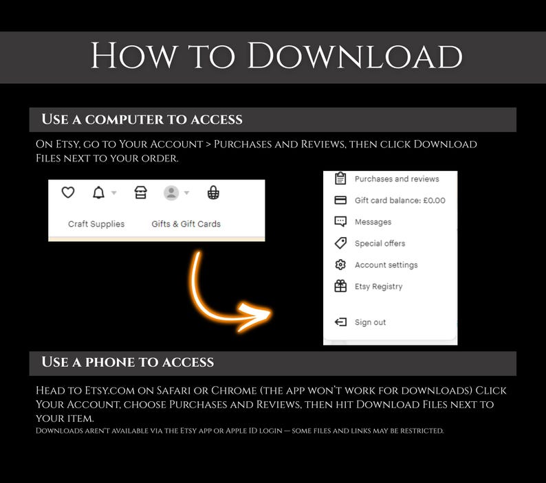 以下が含まれることがあります： 「HOW TO DOWNLOAD」と書かれた白い文字の黒いグラフィック。 Etsyからファイルをダウンロードする方法に関する説明が含まれています。説明は、コンピューターと電話の両方のユーザーを対象としています。