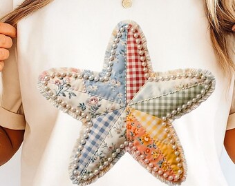 PNG de estrella de mar con efecto patchwork, PNG de estrella de mar, PNG de ambiente veraniego, PNG de acolchado falso, PNG de vida marina, PNG de playa (descarga digital)