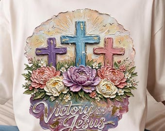 Victoria en Jesús PNG, Pascua cristiana pintada a mano PNG, diseño de camiseta con cruz floral, cruz de la fe PNG, fe de Jesús PNG (descarga digital)