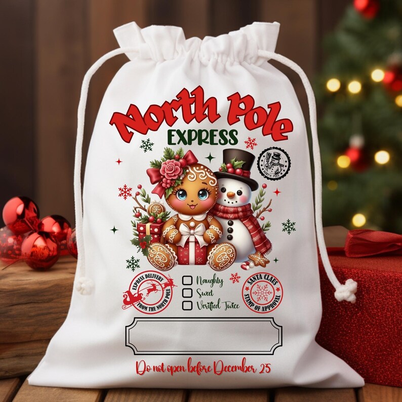 May include: White drawstring Christmas gift bag with "North Pole Express" text and illustrations of a gingerbread person and snowman. Includes text "Do not open before December 25".