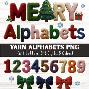 May include: A digital graphic featuring the word "MERRY" and "ALPHABETS" in a knitted style, with a Christmas tree and gift box. Below are numbers 1-9 and three bows. The text "YARN ALPHABETS PNG" is also included.