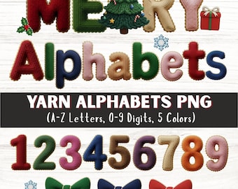 3Dかぎ針編み糸アルファベットPNGセット、フェイクヤーン文字A～Zと数字チャンキーニットフォント、ホリデーアルファベットクリップアート（デジタルダウンロード）