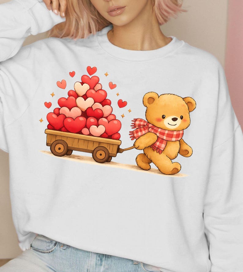 May include: A white sweatshirt with a cartoon illustration of a teddy bear pulling a wooden cart filled with heart-shaped balloons. The bear wears a red and white checked scarf. The hearts are red and pink.