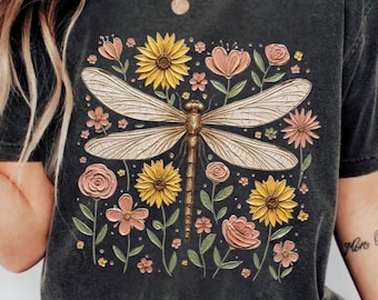 Vintage Dragonfly Floral PNG, Cottagecore Garden Flower Png, Nature Botanical Floral Png, Dragonfly Shirt Sublimation Design