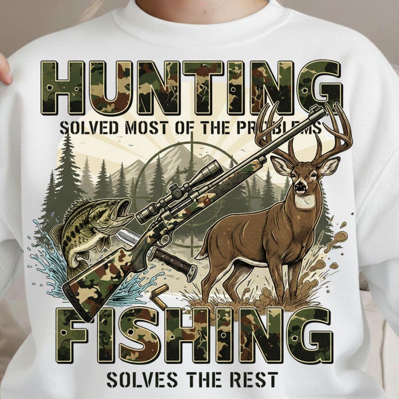 May include: White sweatshirt with a graphic featuring a deer, rifle, and fish. The text reads "HUNTING SOLVED MOST OF THE PROBLEMS" and "FISHING SOLVES THE REST" in camouflage lettering.