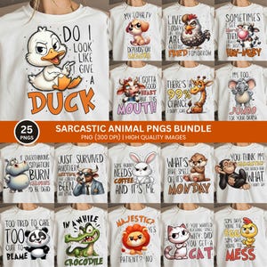 K&ouml;nnte beinhalten: Eine Sammlung wei&szlig;er T-Shirts mit sarkastischen Tiergrafiken. Designs umfassen eine Ente, einen Hund, eine Kuh, ein Huhn, eine Giraffe, einen Elefanten, ein Nilpferd, ein Kaninchen, einen Affen, einen Panda, ein Krokodil, einen L&ouml;wen, eine Katze und ein K&uuml;ken.