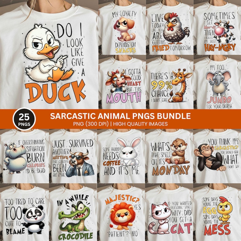 K&ouml;nnte beinhalten: Eine Sammlung wei&szlig;er T-Shirts mit sarkastischen Tiergrafiken. Designs umfassen eine Ente, einen Hund, eine Kuh, ein Huhn, eine Giraffe, einen Elefanten, ein Nilpferd, ein Kaninchen, einen Affen, einen Panda, ein Krokodil, einen L&ouml;wen, eine Katze und ein K&uuml;ken.