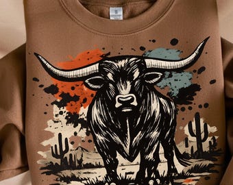 Western Longhorn Bull PNG, Western Design Sublimation, Western Cowboy Png, Western Tee Design, Rodeo Png, Longhorn Png (Digital Download)