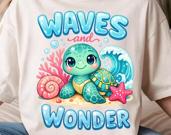 Maravillas de olas PNG, Tortuga marina y olas del océano, Verano moderno PNG, Viaje de chicas PNG, Ambiente playero PNG (Descarga digital)